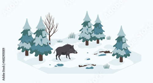 Winter forest scene with boar amid snow-covered pine trees