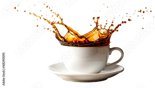 Liquid coffee wave splashing out from a white cup mug.
