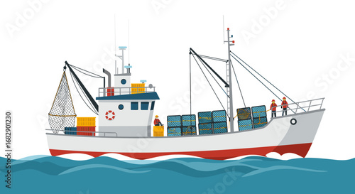 Fishing boat at sea with crew and nets in vibrant colors