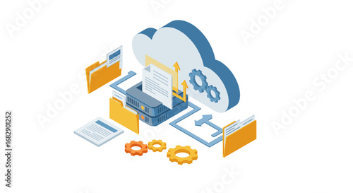 Cloud computing concept with isometric server and data management elements