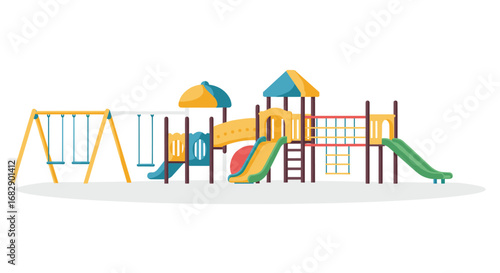 Colorful playground with swings and slides in simple flat style