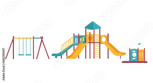 Colorful playground equipment with swings and slides in flat design
