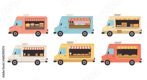 Colorful food trucks collection on wheels showcasing various cuisines in flat design