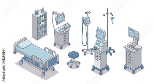 Isometric medical equipment set with hospital bed and monitors