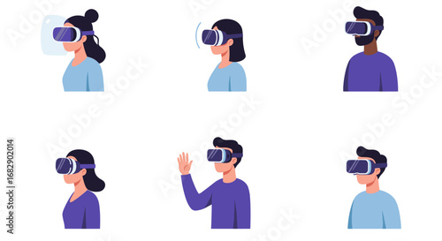 People using virtual reality headsets in modern 3d style