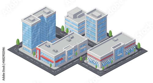 Urban isometric cityscape with modern buildings and streets