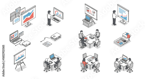 Isometric office presentation and meeting scenes with laptops and charts