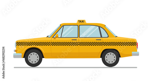 Flat yellow taxi cab side view with checkered stripe design