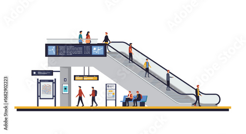 Modern public transport hub with people on escalator and information signs in flat design