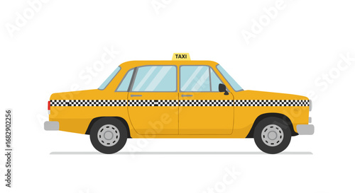 Classic yellow taxi cab with checkered detail in flat design on white background