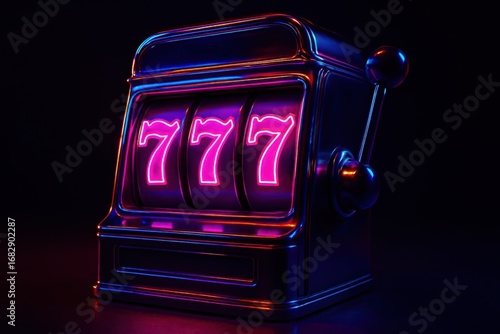 Vintage slot machine with neon pink 777 jackpot and chrome lever retro gambling