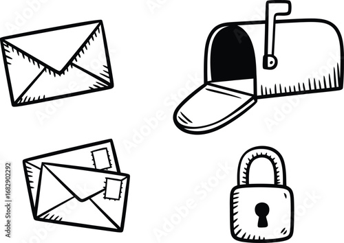 Collection of hand-drawn mail and security symbols in a sketchy doodle style, featuring postal envelopes with stamps, an open letterbox, and a secure padlock icon.