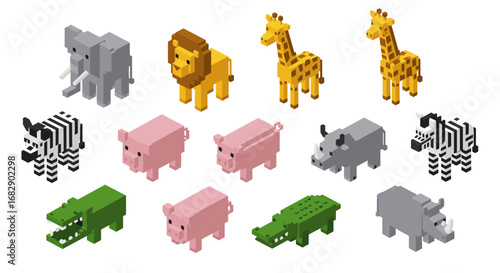 Isometric pixel art animals: collection of 3d jungle and farm animals in retro style