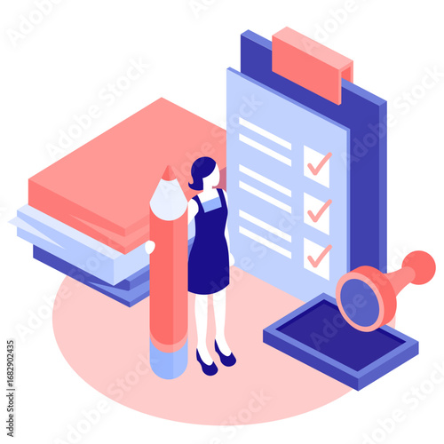 Isometric illustration of a woman reviewing a checklist, with pencil, stamp, and documents.