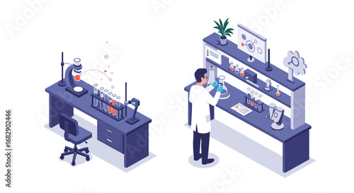 Isometric laboratory science concept with chemist analyzing samples and equipment