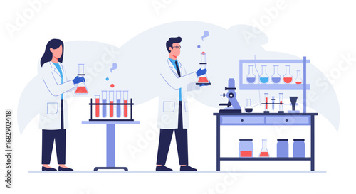 Scientists in a laboratory conducting experiments with lab equipment and chemicals