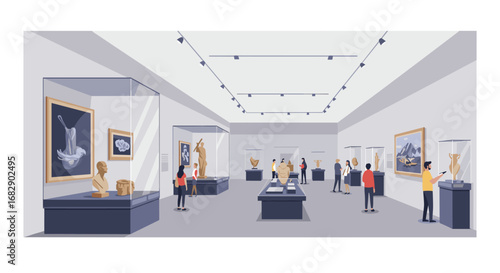 Modern art gallery interior with visitors admiring sculptures and paintings