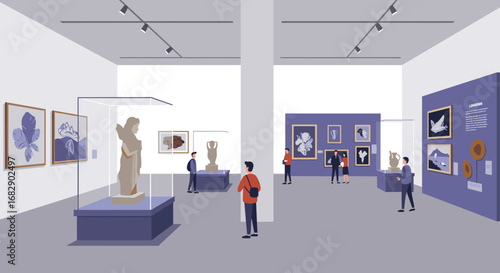 Contemporary art gallery with visitors exploring exhibits in modern setting
