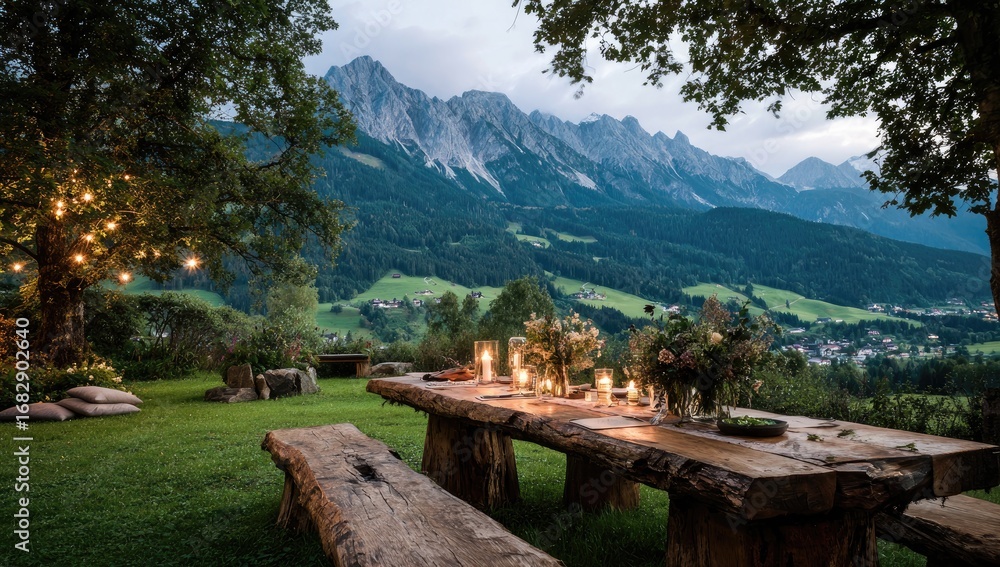 Fototapeta premium Rustic outdoor dining table under trees, with mountain backdrop