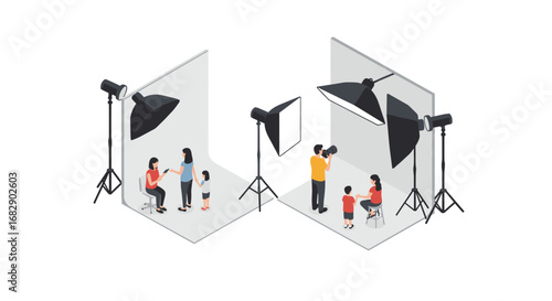 Photography studio setup with lighting equipment and family portrait session