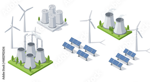 Renewable and nuclear energy sources with wind turbines and solar panels in isometric design