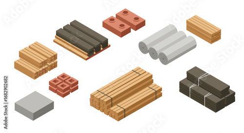 Isometric building materials collection: wood, bricks, and more for construction projects