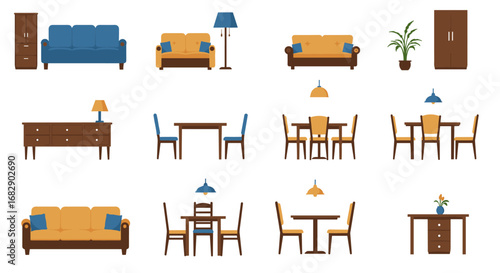 Modern home furniture collection with sofas, tables, lamps, and decor elements