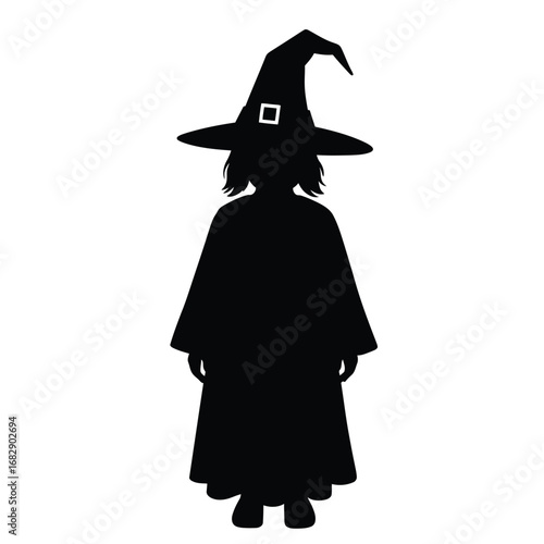 Black silhouette child witch costume icon vector