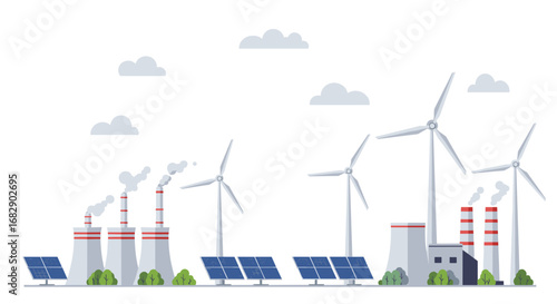 Clean energy landscape with solar panels, wind turbines, and industrial buildings