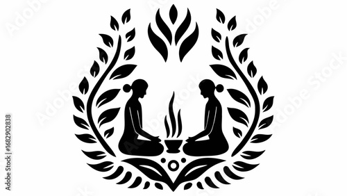 Two seated figures facing each other with a fire between them surrounded by foliage in black and white silhouette