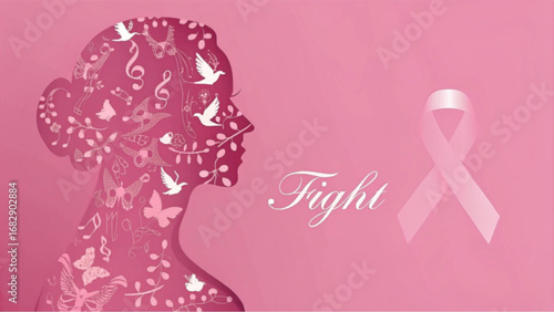 Pink breast cancer awareness background with woman silhouette, ribbon, birds, butterflies, and fight text