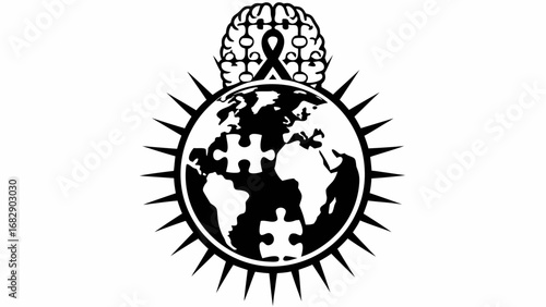 Illustration of a world globe with puzzle pieces and a brain with a ribbon above it in black and white silhouette