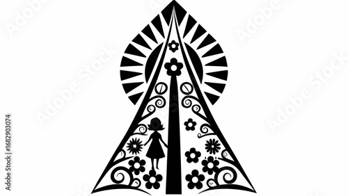 Stylized black and white image of a girl standing among flowers inside a triangular floral frame with sun silhouette