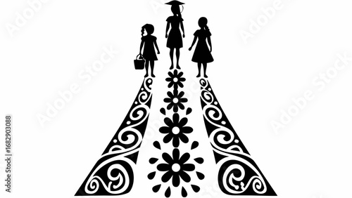 Three girls standing on a flower path with decorative swirls in a black and white silhouette design
