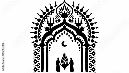 Ornate archway with floral and teardrop designs framing two figures and a flame under a crescent moon silhouette
