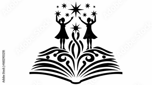 Two women reaching for stars above an open book with decorative elements in a black and white illustration silhouette