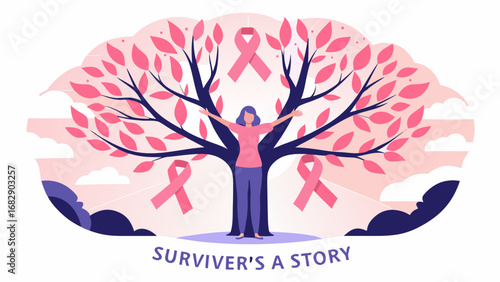 Woman stands with arms outstretched beneath a tree adorned with pink ribbons for breast cancer awareness silhouette