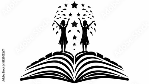 Two girls standing on an open book with stars and teardrop shapes above them in black and white vector silhouette