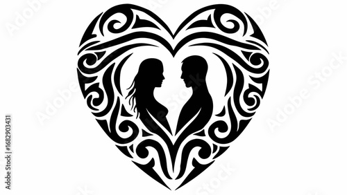 Silhouette of a couple facing each other inside a heart shape with decorative tribal swirls design
