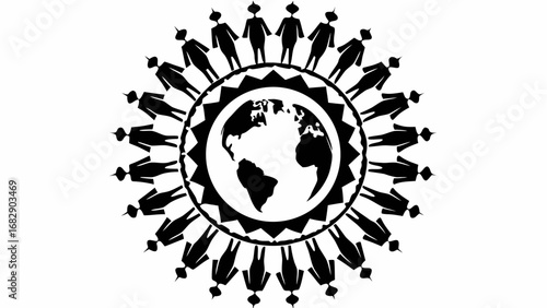 Silhouette of people surrounding the earth inside a circle with triangular shapes around the globe design