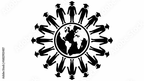 Stick figures with graduation caps encircling a globe representing global education and collaboration silhouette