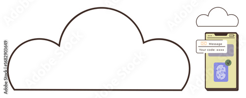 Cloud outline alongside a smartphone screen showing fingerprint authentication and a verification code. Ideal for data security, two-factor authentication, cloud access, biometric identification