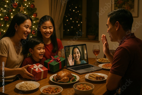 Family gathered for Christmas dinner with loved one joining via video call
