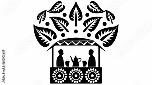 Stylized black and white image of a tea stall with leaves and two people drinking tea at a table silhouette