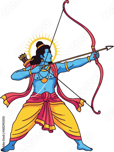 Lord Rama illustration with bow and arrow in traditional Hindu art style for Indian festival and mythology. Ram Illustration.