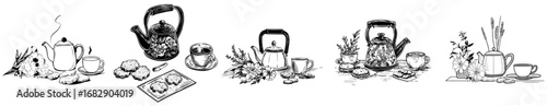 A kettle and tea cup are accompanied by sweet pastries, a hot beverage, and dessert, as depicted in a kitchen print featuring a cute teapot with a flower pattern and delicious confectionery paired