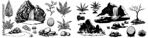 The game asset encompasses a prehistoric dinosaur era environment, jungle landscape, cartoon mountains, waterfalls, clouds, pools of water, diverse plants, ferns, footprints of dinosaurs, eggs in