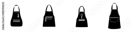 Various minimalist black-and-white silhouettes of kitchen aprons in a vector illustration style, representing cooking attire for culinary activities