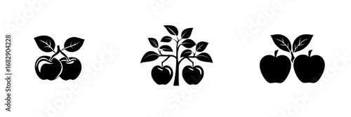 Minimalist black-and-white vector illustrations of apples and apple trees with simple silhouettes
