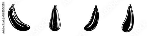 Minimalist black-and-white vector illustration featuring simple silhouettes of eggplants in various orientations